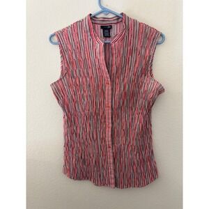 East 5th Sleeveless Top Large‎ Brown Red Striped Button  Blouse (A628)